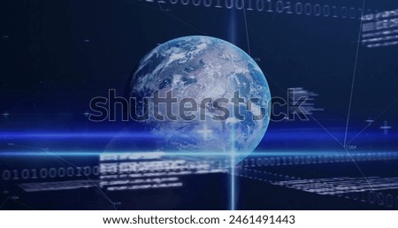 Image of diagrams and data processing over globe on blue background. Global business and digital interface concept, digitally generated image.