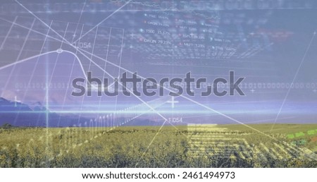 Image of stock market and data processing over field. Global business, nature and digital interface concept, digitally generated image.