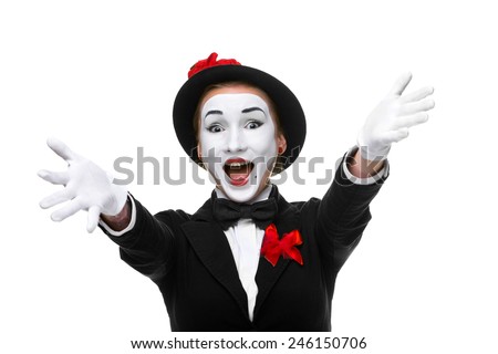 Portrait of the surprised and joyful woman as mime with open mouth isolated on white background. Concept greetings and happiness