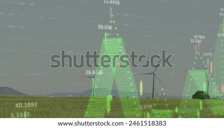 Image of diagrams and data processing over field with wind turbines. Global business, nature and digital interface concept, digitally generated image.