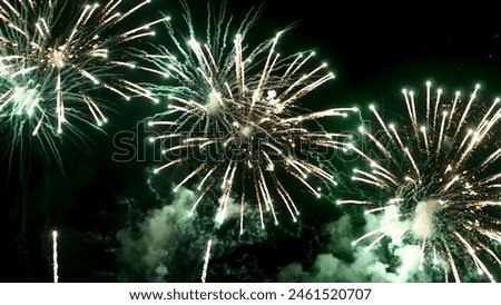 Green Firework celebrate anniversary happy new year 2024, 4th of july holiday festival. Green firework in night time celebrate national holiday. Countdown to new year 2025 festival party time event