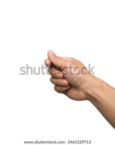 Man's hands are making a gesture of holding a card or business card, some kind of document, ID card or passport.  Isolated on a white background.