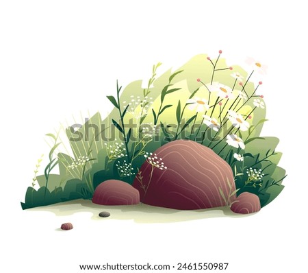 Cute bush with wildflowers rocks and boulders, fairytale nature landscape object. Rural imaginary scenery drawing in watercolor style. Vector kids clipart illustration, nature isolated object.