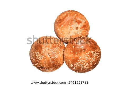 Three sesame buscuit top view flatlay isolated on white background. Best food commercial stock photo
