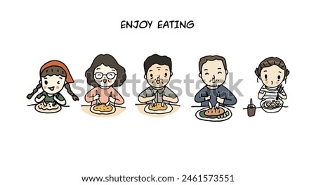 people eat food at table for breakfast, lunch or dinner, hand drawn vector illustration.