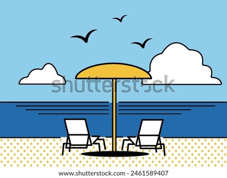 Clip art of seaside with image of resort.