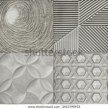 Series of carved textured stone crafted in random pattern, floral, swirl, spiral, zen, wavy, geometric to linear patter. Close up Natural grey stone in seamless texture finish.