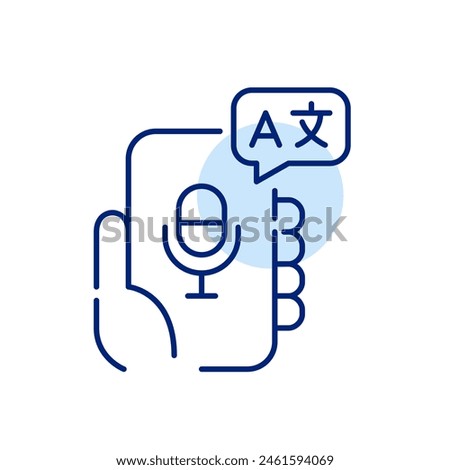 Hand holding smartphone with microphone and languages speech bubble. Translation app, voice recognition. Vector icon
