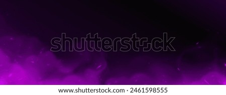 Purple smoke clouds on black background. Vector realistic illustration of magic light effect with shimmering particles flying in air, fantasy color fog, nightclub party design element, space galaxy