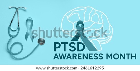Ribbon and stethoscope on blue background. Post-Traumatic Stress Disorder Awareness Month