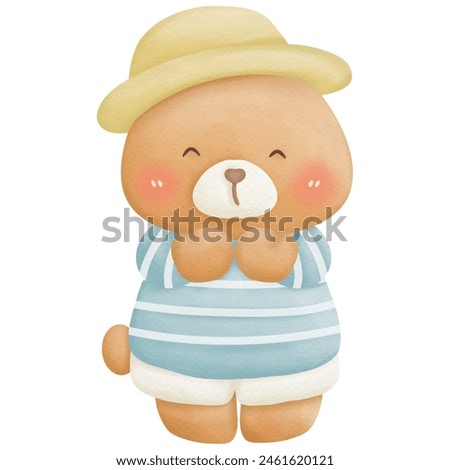 Teddy bear holding sunflower and balloons watercolor clip art so cute 
