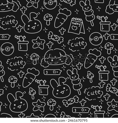 cute doodles seamless pattern white black background
