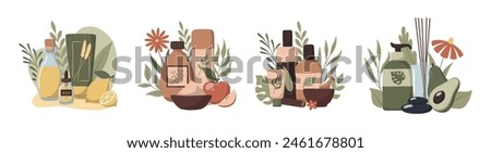 Set of vector flat hand drawn compositions with organic skincare products