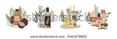 Set of vector flat hand drawn compositions with organic skincare products