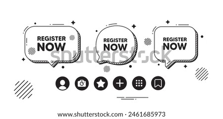 Register now tag. Speech bubble offer icons. Free registration offer. Create an account message. Register now chat text box. Social media icons. Speech bubble text balloon. Vector