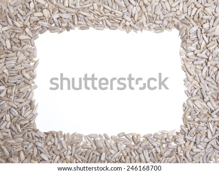 Healthy sunflower seeds framing a white background. 