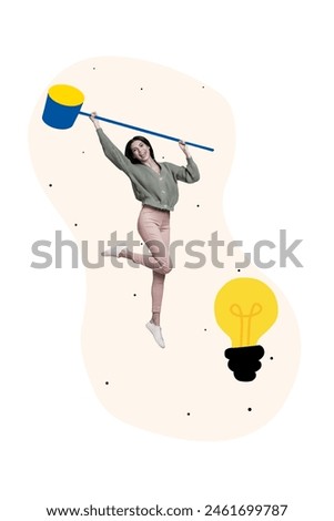 Creative abstract template collage of funny female catch electric bulb idea brainstorm freak bizarre unusual fantasy billboard Royalty-Free Stock Photo #2461699787