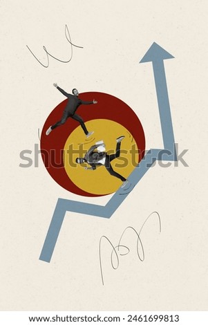 Vertical composite collage picture image of two mini guys arrow upwards isolated on creative background
