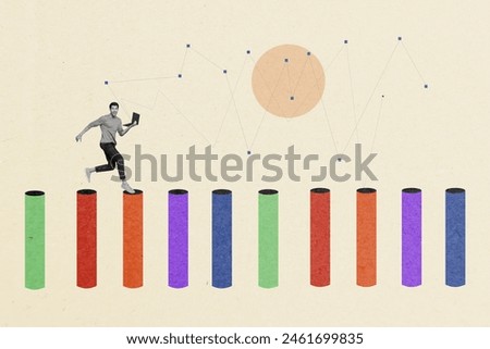 Collage photo of young financial analytic man running with computer control payment operations isolated on white background