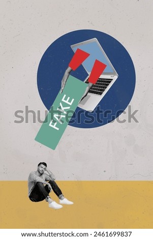 Vertical composite collage picture image of arms laptop screen hold fake mini guy isolated on creative background
