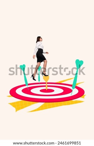 Creative collage of businesswoman manager walking darts target goal aim bizarre unusual fantasy billboard comics Royalty-Free Stock Photo #2461699851