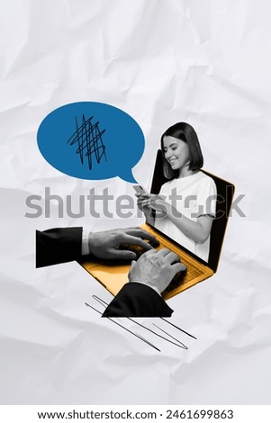 Creative collage of girl coworkers internet connection use device hands typing netbook bizarre unusual fantasy billboard comics Royalty-Free Stock Photo #2461699863