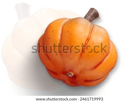 a single small pumpkin with a smooth, orange exterior. The pumpkin's stem is intact, and it is set against a subtle backdrop of a lighter, blurred pumpkin, emphasizing its vibrant color.