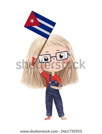 Funny cute girl with flag of Cuba. Bright clip art isolated