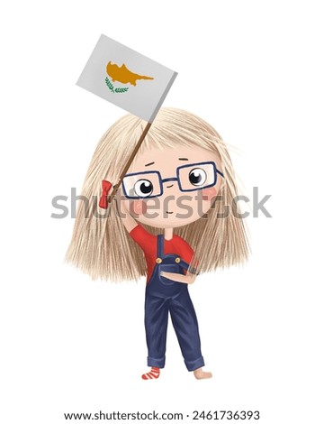 Funny cute girl with flag of Cyprus. Bright clip art isolated