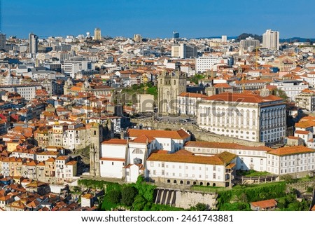 Porto Cathedral in Romanesque and Gothic styles in of Porto in historic district, Portugal. Aerial view