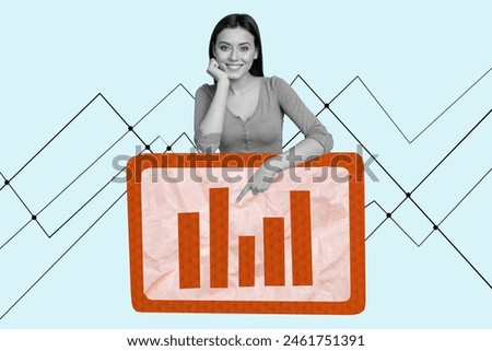 Creative poster collage cheerful pretty woman point finger stats charts stock positive dynamic progress project management business