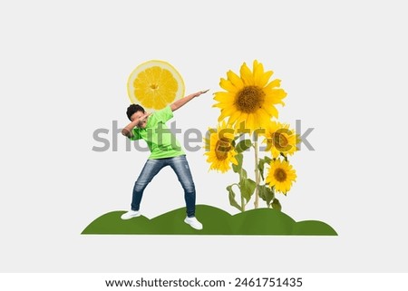 Composite collage picture image of carefree mini boy dance dab sunflower isolated on creative background