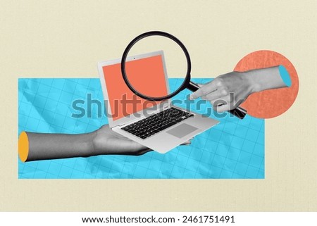 Composite photo collage of hands hold macbook device search magnifier glass zoom website url line lens isolated on painted background