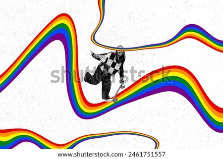Composite collage picture image of black white colors girl ride skateboard lgbt rainbow isolated on creative background