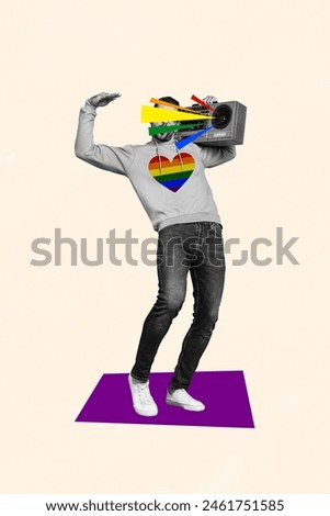 Vertical composite collage picture image of black white effect guy boombox lgbt rainbow isolated on creative background