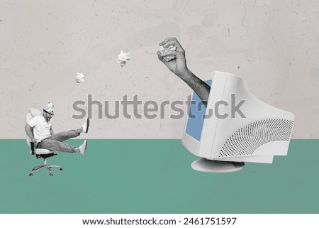 Contemporary art collage illustration of young guy brainwashed watching television paper trash content lie isolated on grey background