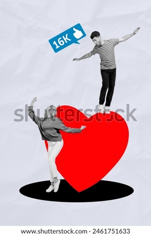 Vertical composite collage picture image of two mini people dance balance big heart like isolated on creative background