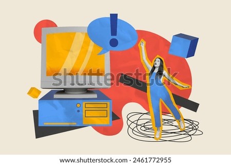 Composite photo collage of astonished girl receive pc error problem big broke computer device office tool isolated on painted background