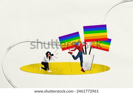 Composite collage picture image of two people make photo jump lgbt rainbow isolated on creative background