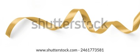 Gold ribbon satin bow curly scroll isolated on white background with clipping path for Christmas, birthday and wedding card confetti design decoration 