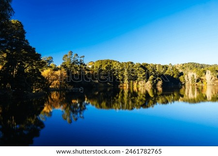 DAYLESFORD, AUSTRALIA - MAY 12 2024: Landscape around Lake Daylesford in a cool late autumn afternoon in Daylesford, Victoria, Australia Royalty-Free Stock Photo #2461782765