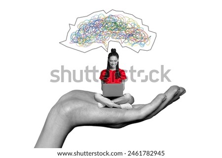 Trend artwork sketch image composite photo collage of huge hand hold woman sit work type laptop cloud bubble speech box mind think