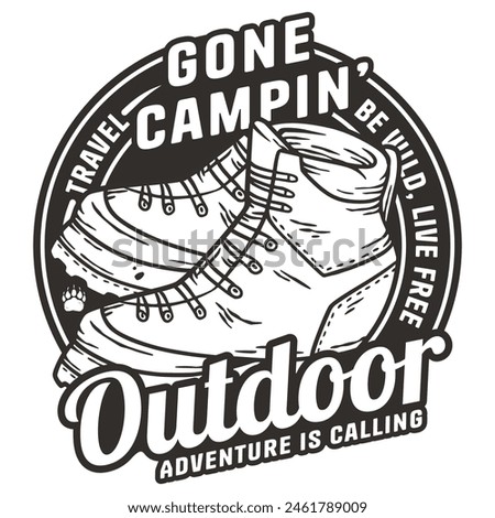 Emblematic line art design featuring a hiking boot and wilderness elements for outdoor adventure themes like camping, hiking, and embracing the call of the wild. Royalty-Free Stock Photo #2461789009
