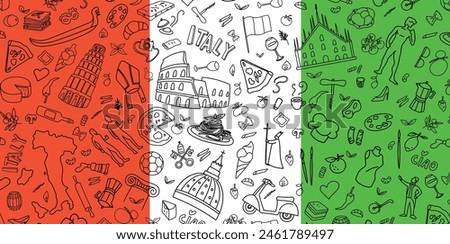 Italian  Banner Travel Doodle Line Art Illustration. Hand Drawn Vector Clip Art on background flag