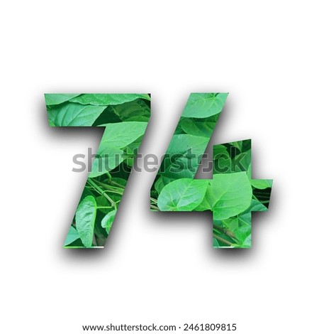Leafs number 74 made of Real alive leafs with Precious paper cut shape of number with white background. Leafs font. Isolated white background