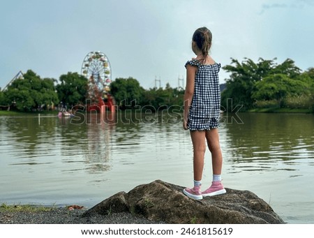 A young girl in a checkered outfit stands on a rock by a lake, looking at a ferris wheel in the distance. The scene is serene with trees and calm water reflecting the sky.