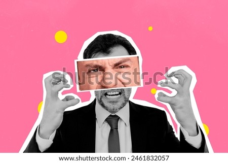 Composite collage picture image of angry male eyes puzzle businessman pink unusual fantasy billboard comics zine