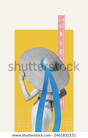 Trend artwork sketch photo collage of black white silhouette young lady faceless beautiful model pose wear fashion clothes big summer hat