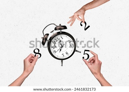 Composite photo collage of human hand hold alarm clock timeline work regime timetable punctuality dial isolated on painted background Royalty-Free Stock Photo #2461832173