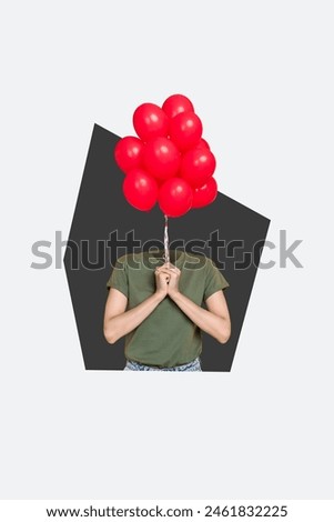 Vertical picture collage headless person air balloons party celebration festive event holiday body fragment drawing background